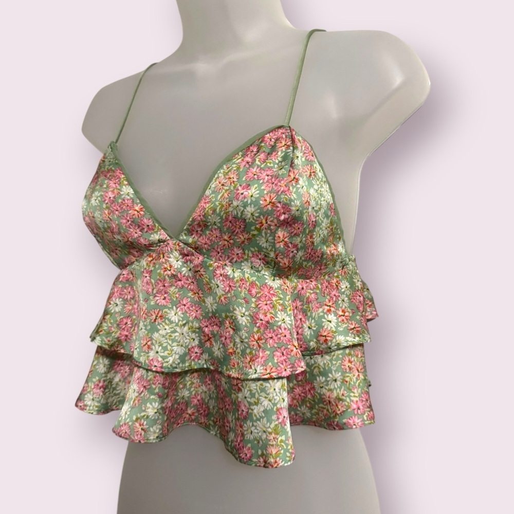 Floral Ruffle Peplum Cami Top Green Pink Adjustable Straps S - Picture 5 of 6